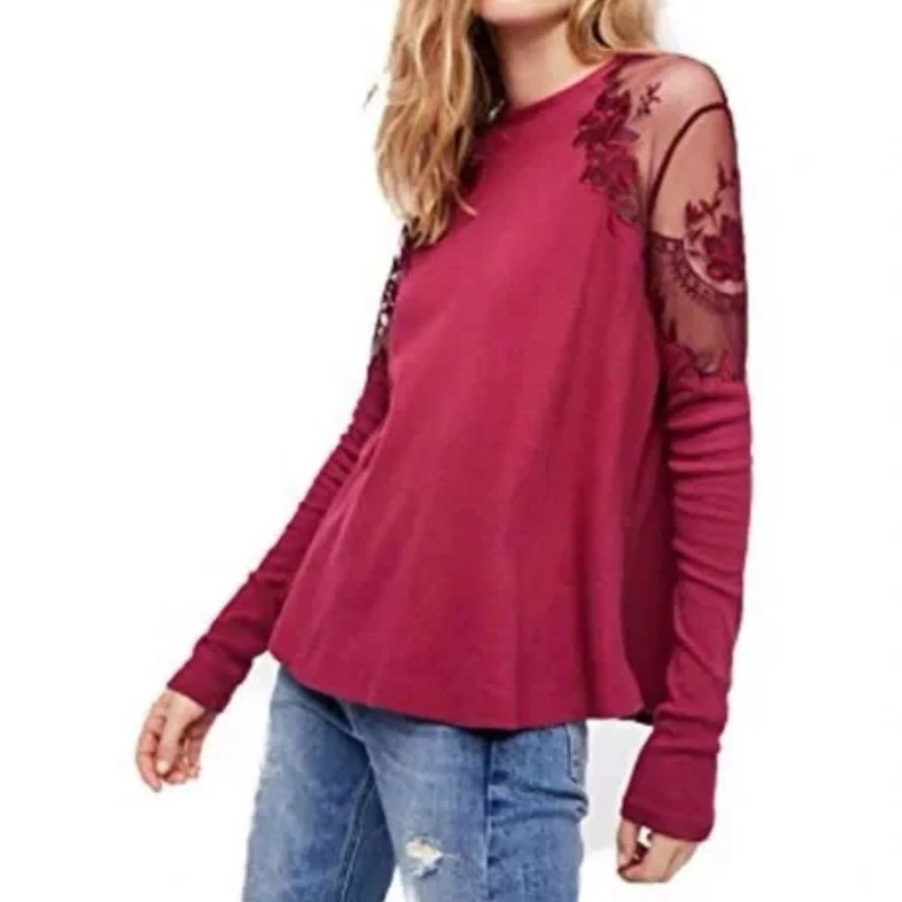 Free People Daniella Illusion Burgundy Boho-Chic Top with Lace Shoulder - Small
